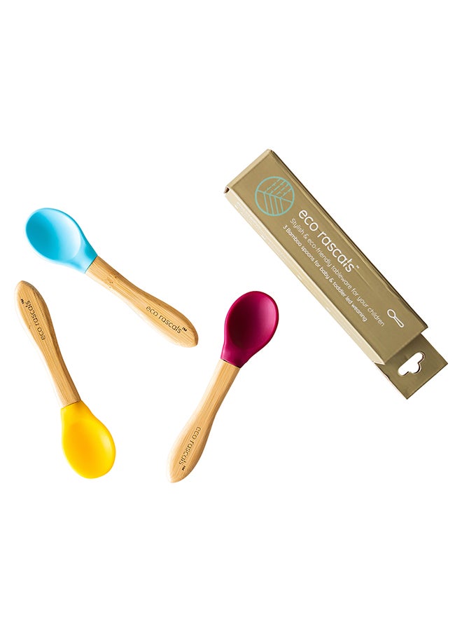 Pack of Three Bamboo Feeding Spoons in Blue Red and Yellow - Image 2