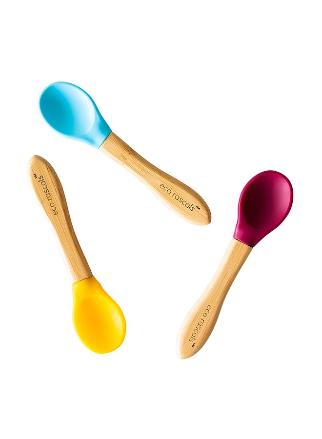 Pack of Three Bamboo Feeding Spoons in Blue Red and Yellow - Image 1