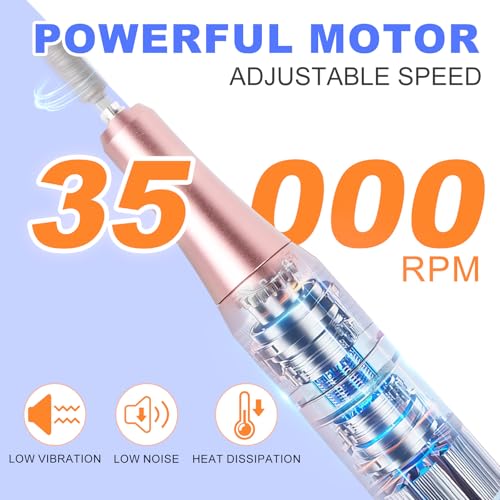 MEKK Nail Drill Kit,35000RPM Electric Nail Drill Professional Electric Nail File with 12PCS Bits,Anti-Shaking Cordless E Filer for Nails,Home & Salon(Orange Blue) - Image 2