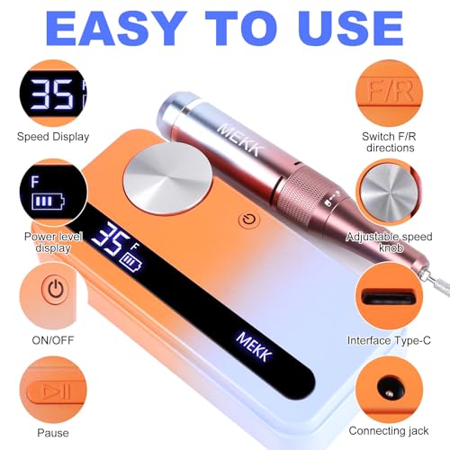 MEKK Nail Drill Kit,35000RPM Electric Nail Drill Professional Electric Nail File with 12PCS Bits,Anti-Shaking Cordless E Filer for Nails,Home & Salon(Orange Blue) - Image 4