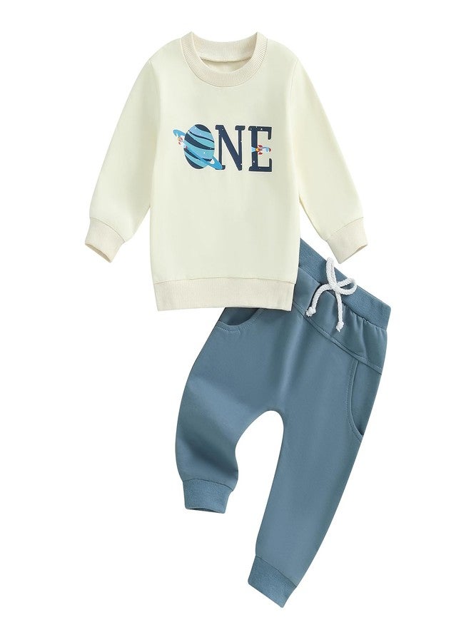 Lenjindjer Baby Boy First Trip Around the Sun Birthday Outfits Long Sleeve One Space Shirt Jogger Pants 1St Birthday Clothes (Blue, 12-18 Months) - Image 1