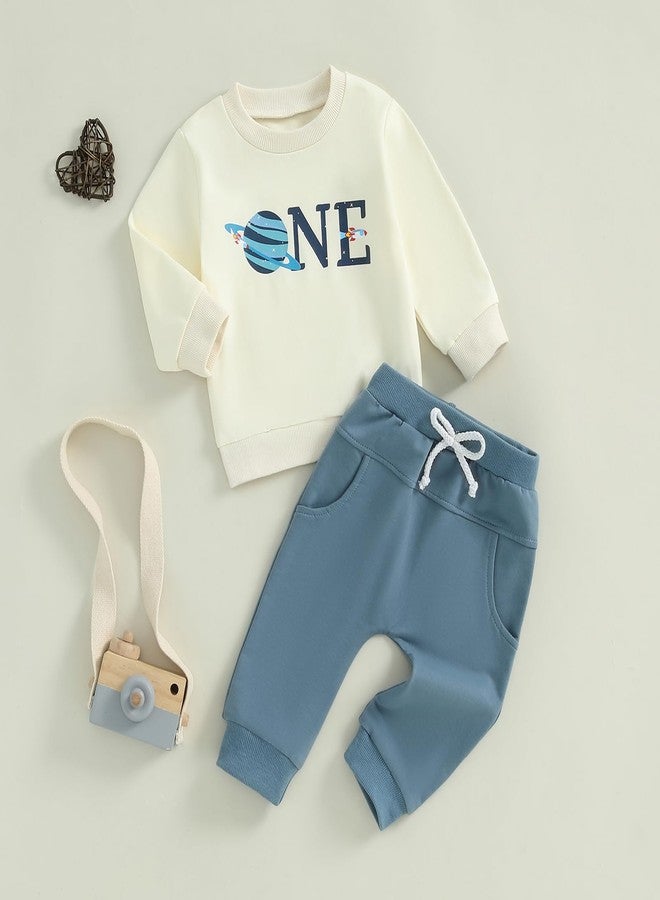 Lenjindjer Baby Boy First Trip Around the Sun Birthday Outfits Long Sleeve One Space Shirt Jogger Pants 1St Birthday Clothes (Blue, 12-18 Months) - Image 3