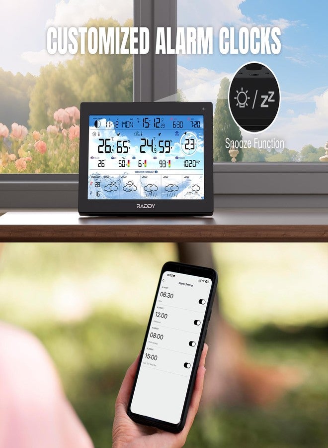 Raddy N90 Wi-Fi Weather Station with 8.8" Display, Smart App Connectivity, Indoor Outdoor Thermometer with Wireless Sensor, Temp & Humidity Monitor, PM2.5/AQI/UVI, 5-Day Forecast, Sunrise/Sunset Time - Image 5