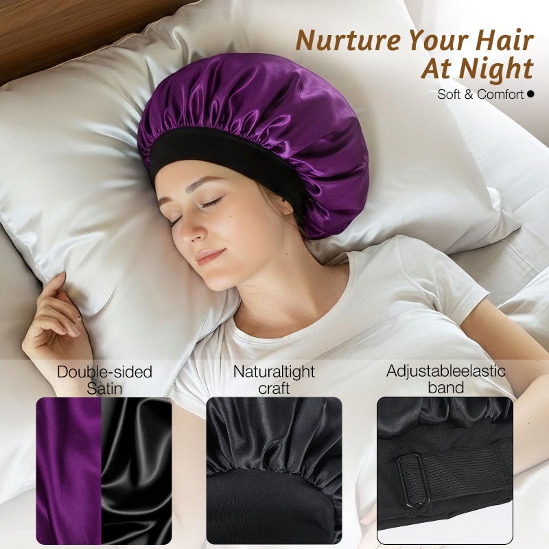 XRACEPHOL 2PCS Bonnets for Sleeping Double Layer Satin Silk Bonnet for Sleeping Women Adjustable Sleep Cap Elastic Wide Band Hair Bonnet for Curly Hairï¼ˆGold+Purpleï¼‰ - Image 5