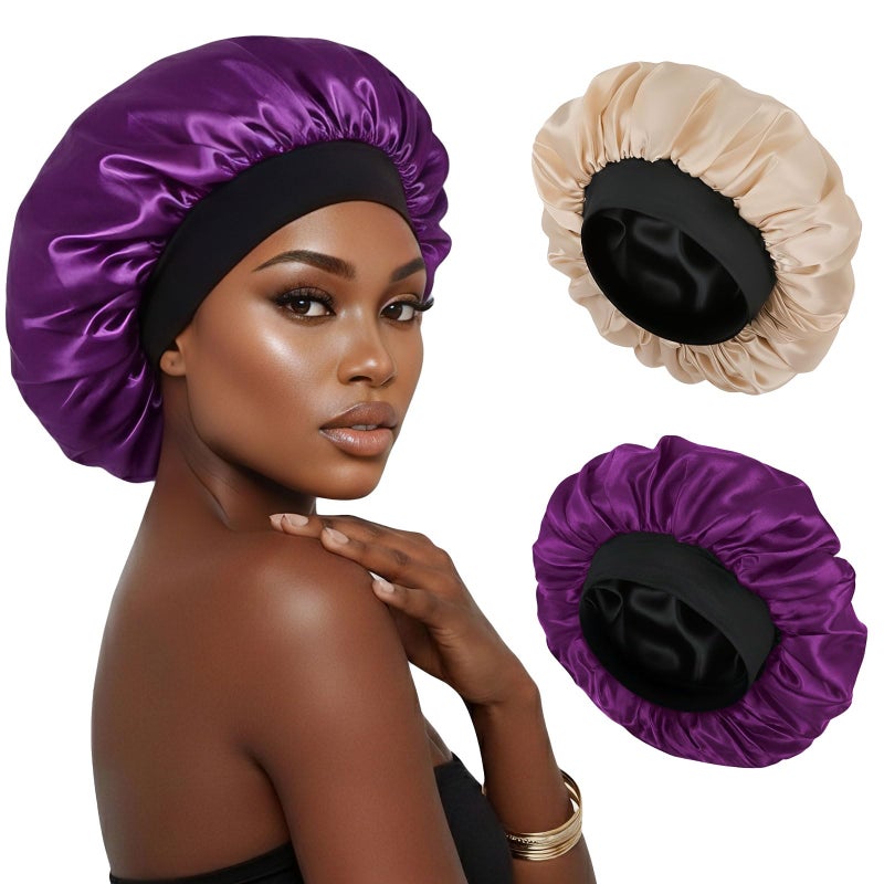 XRACEPHOL 2PCS Bonnets for Sleeping Double Layer Satin Silk Bonnet for Sleeping Women Adjustable Sleep Cap Elastic Wide Band Hair Bonnet for Curly Hairï¼ˆGold+Purpleï¼‰ - Image 1