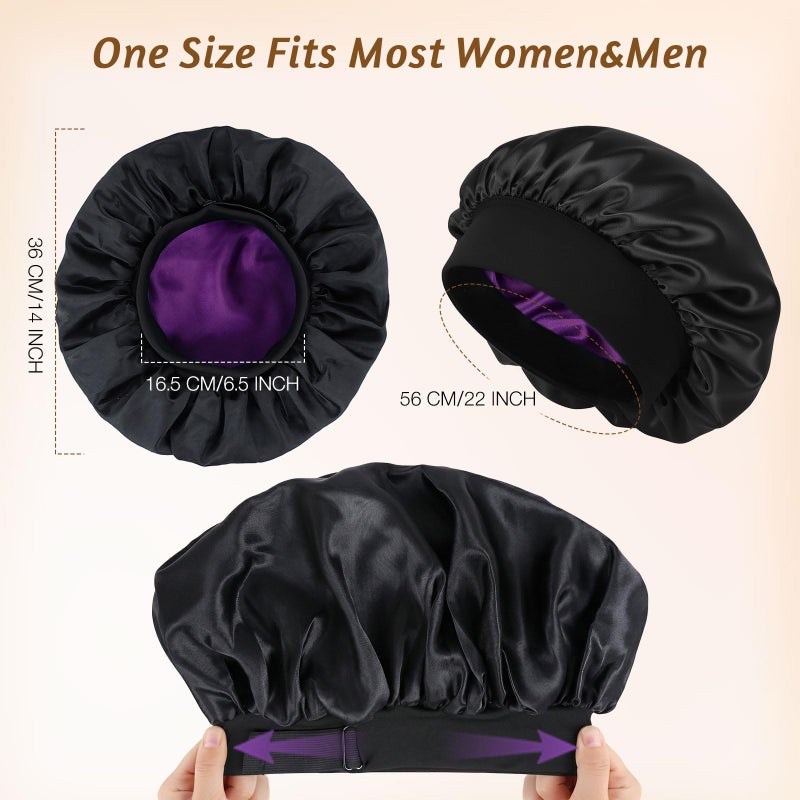 XRACEPHOL 2PCS Bonnets for Sleeping Double Layer Satin Silk Bonnet for Sleeping Women Adjustable Sleep Cap Elastic Wide Band Hair Bonnet for Curly Hairï¼ˆGold+Purpleï¼‰ - Image 3