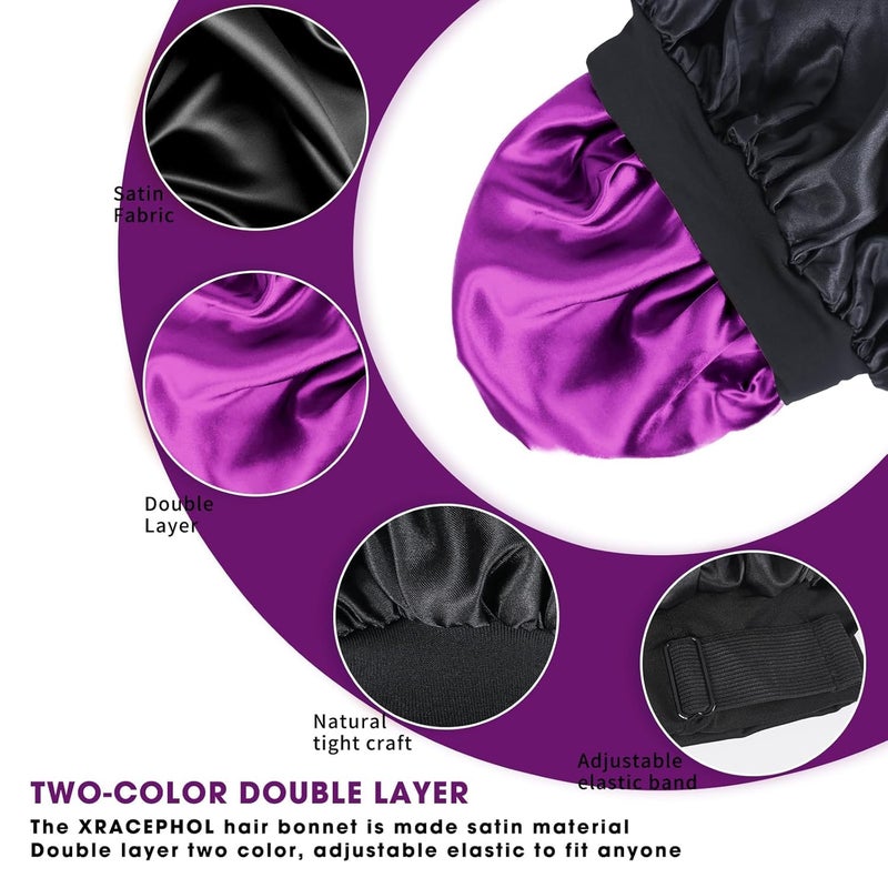 XRACEPHOL 2PCS Bonnets for Sleeping Double Layer Satin Silk Bonnet for Sleeping Women Adjustable Sleep Cap Elastic Wide Band Hair Bonnet for Curly Hairï¼ˆGold+Purpleï¼‰ - Image 2