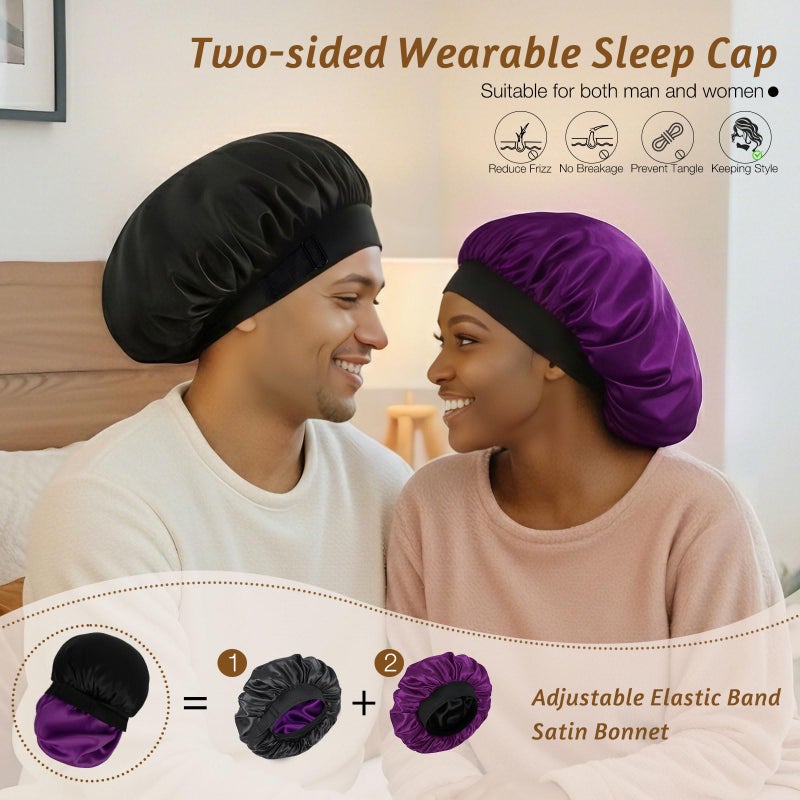 XRACEPHOL 2PCS Bonnets for Sleeping Double Layer Satin Silk Bonnet for Sleeping Women Adjustable Sleep Cap Elastic Wide Band Hair Bonnet for Curly Hairï¼ˆGold+Purpleï¼‰ - Image 4
