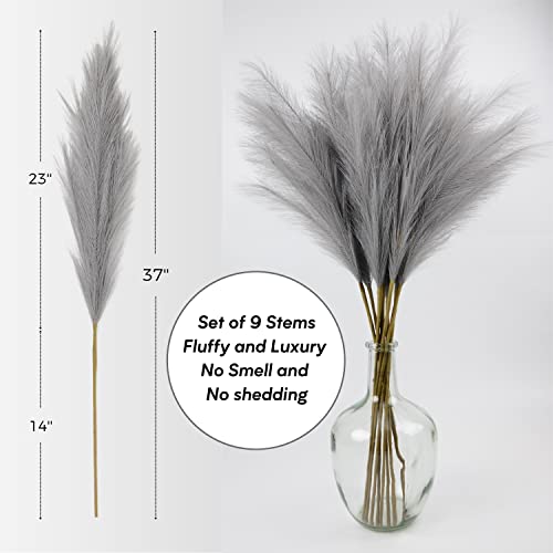 QUBITFUL Faux Pampas Grass, Set of 9 Stems 37'' Tall Fluffy Fake Pompas Floral, Large Artificial Pompous Branches for Floor Vase Fillers, Pompas Decorativas, Boho Farmhouse Wedding Home Decor(Grey) - Image 4