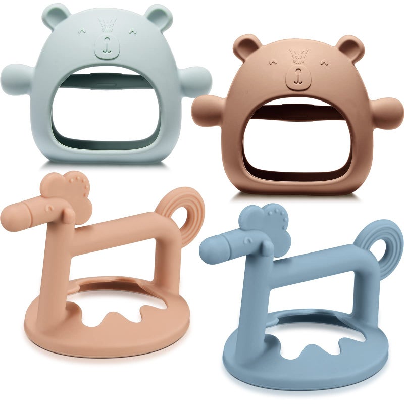 Chumia 4 Pieces Silicone Teething Toys Bear Baby Teether Toy Anti Dropping Horse Teething Pacifier Baby Chew Toys Chewable Hand Teethers for Sucking Chewing Needs Pain Relief Gifts Blue Caramel Pink