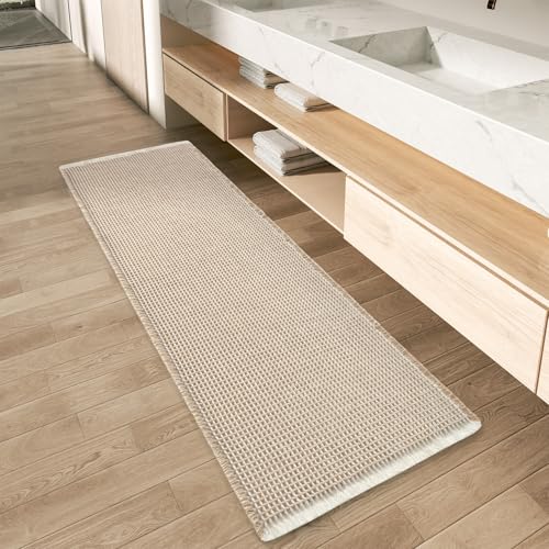 AMOAMI Upgraded Waffle Runner Rug Super Absorbent Non Slip Bath Mats for Bathroom Machine Washable Bathroom Runner Rug with Tassels, Ideal for Hallway Bedroom Laundry Room, 2' x 6', Brown & Cream - Image 1