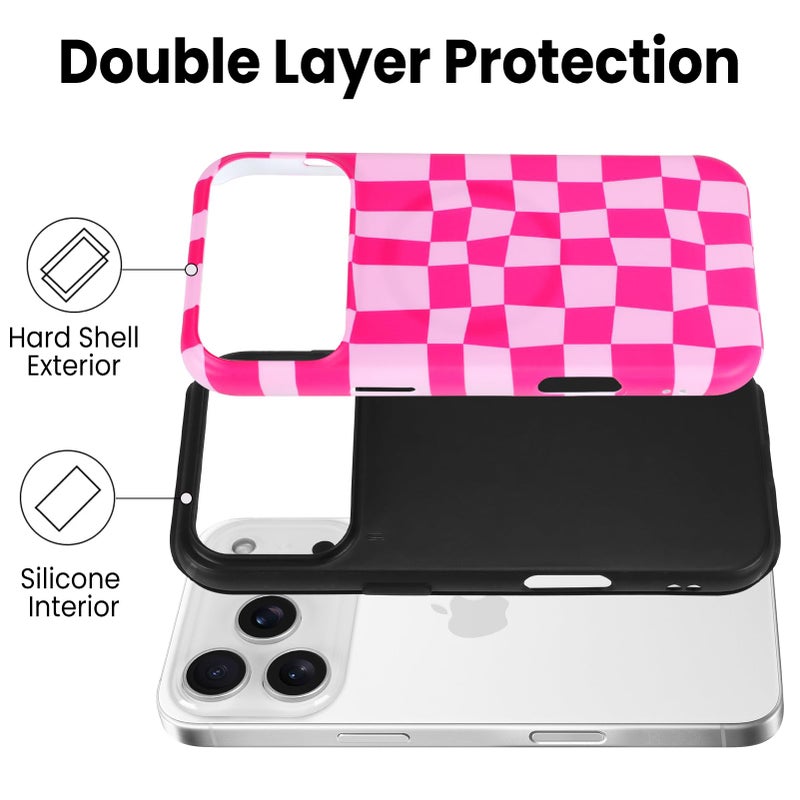 SOKAD Magnetic Checkered Phone Case for iPhone 17 Pro Max, Cute Grids Plaid Checkerboard Pattern Compatible with Magsafe Matte Protective Case Cover with Screen Protector for Girls Women, Hot Pink - Image 3