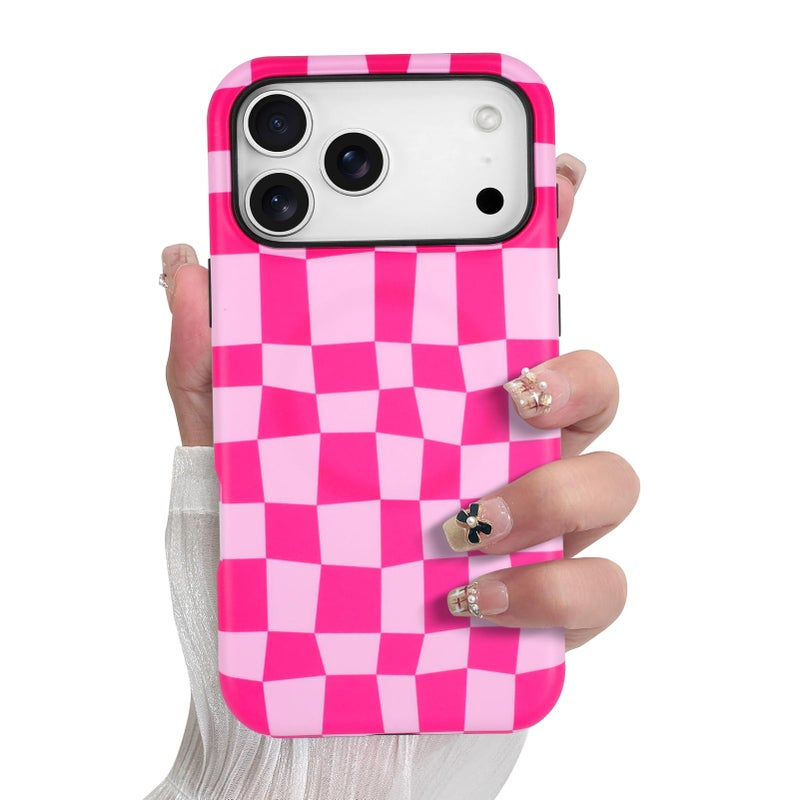 SOKAD Magnetic Checkered Phone Case for iPhone 17 Pro Max, Cute Grids Plaid Checkerboard Pattern Compatible with Magsafe Matte Protective Case Cover with Screen Protector for Girls Women, Hot Pink - Image 1
