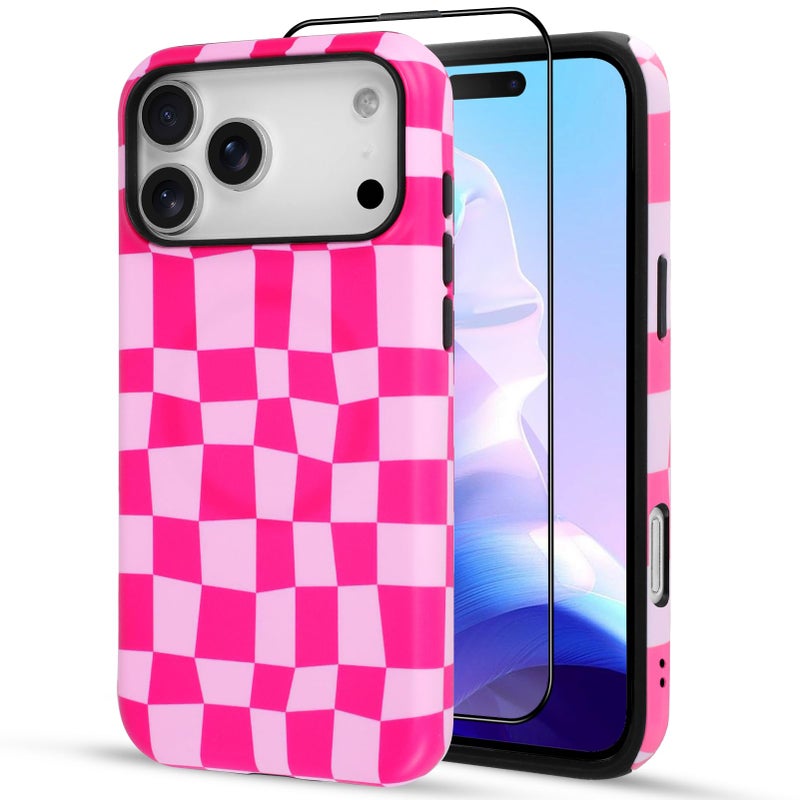 SOKAD Magnetic Checkered Phone Case for iPhone 17 Pro Max, Cute Grids Plaid Checkerboard Pattern Compatible with Magsafe Matte Protective Case Cover with Screen Protector for Girls Women, Hot Pink - Image 2