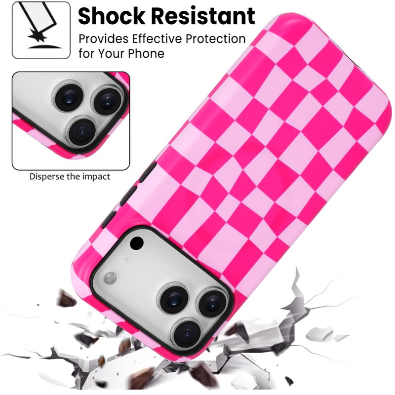 SOKAD Magnetic Checkered Phone Case for iPhone 17 Pro Max, Cute Grids Plaid Checkerboard Pattern Compatible with Magsafe Matte Protective Case Cover with Screen Protector for Girls Women, Hot Pink - Image 5