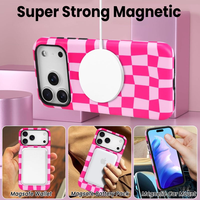 SOKAD Magnetic Checkered Phone Case for iPhone 17 Pro Max, Cute Grids Plaid Checkerboard Pattern Compatible with Magsafe Matte Protective Case Cover with Screen Protector for Girls Women, Hot Pink - Image 4