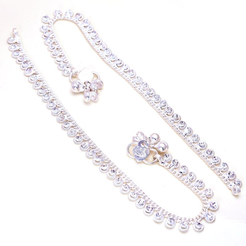 Jewar Anklet Payal Indian Traditional CZ Ad Plain Simple Handmade Natural Gold Plated Jewelry (Silver with white stones-3) - Image 4