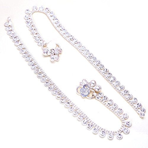 Jewar Anklet Payal Indian Traditional CZ Ad Plain Simple Handmade Natural Gold Plated Jewelry (Silver with white stones-3) - Image 1
