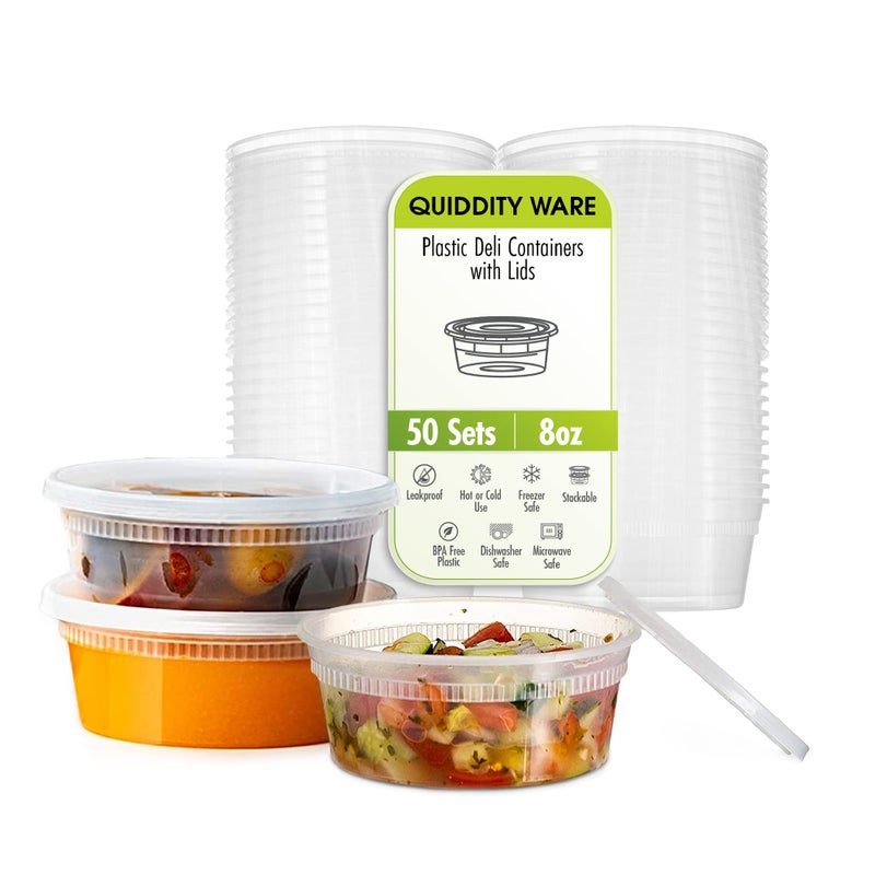 QUIDDITY WARE (8oz-Deli Containers with Leakproof Lids-50 Pack BPA-Free Plastic Microwaveable Clear Food Storage Container Premium Heavy-Duty Quality  Freezer & Dishwasher Safe - Image 1