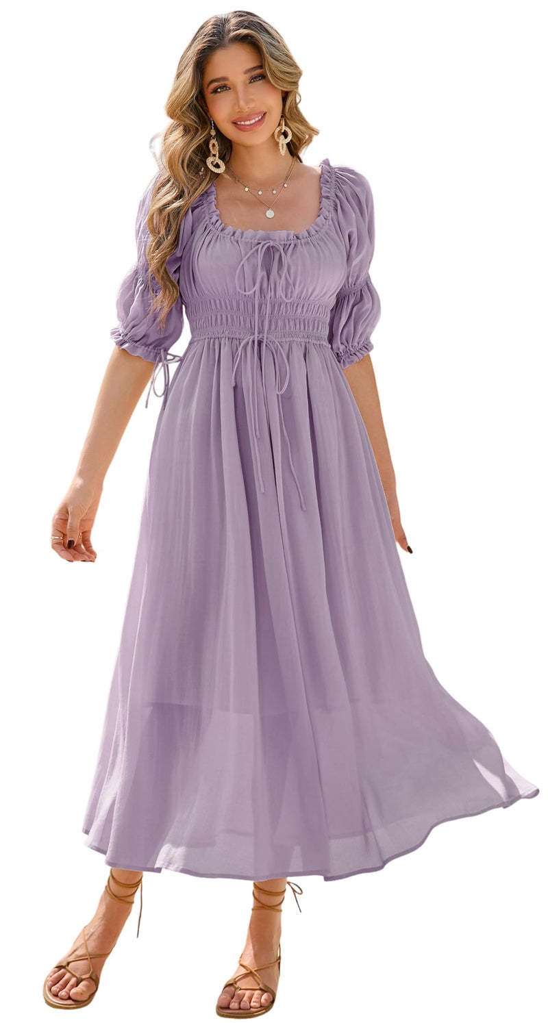 R.Vivimos Women's Summer Square Neck Midi Dress 2026 Casual Puff Half Sleeve Elastic Empire Waist Boho Flowy Long Dresses (Large, Dusty Purple) - Image 1