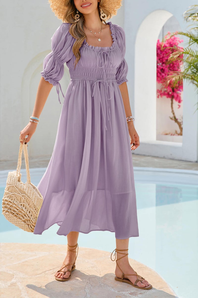 R.Vivimos Women's Summer Square Neck Midi Dress 2026 Casual Puff Half Sleeve Elastic Empire Waist Boho Flowy Long Dresses (Large, Dusty Purple) - Image 4