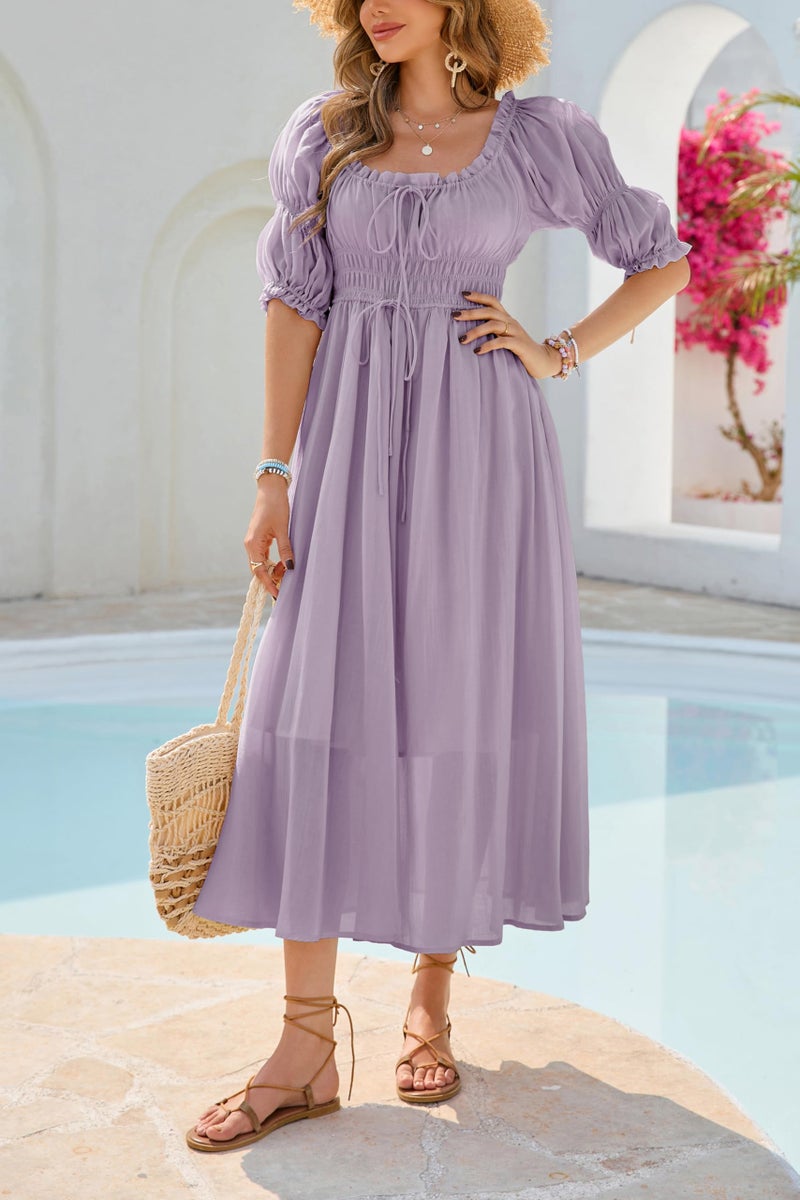 R.Vivimos Women's Summer Square Neck Midi Dress 2026 Casual Puff Half Sleeve Elastic Empire Waist Boho Flowy Long Dresses (Large, Dusty Purple) - Image 2
