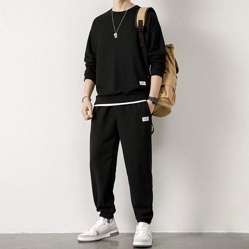 Spring and Autumn 2024 New Mens Long Sleeve Sweat Trousers Waffley Casual Sports Student Youth Loose suit black 