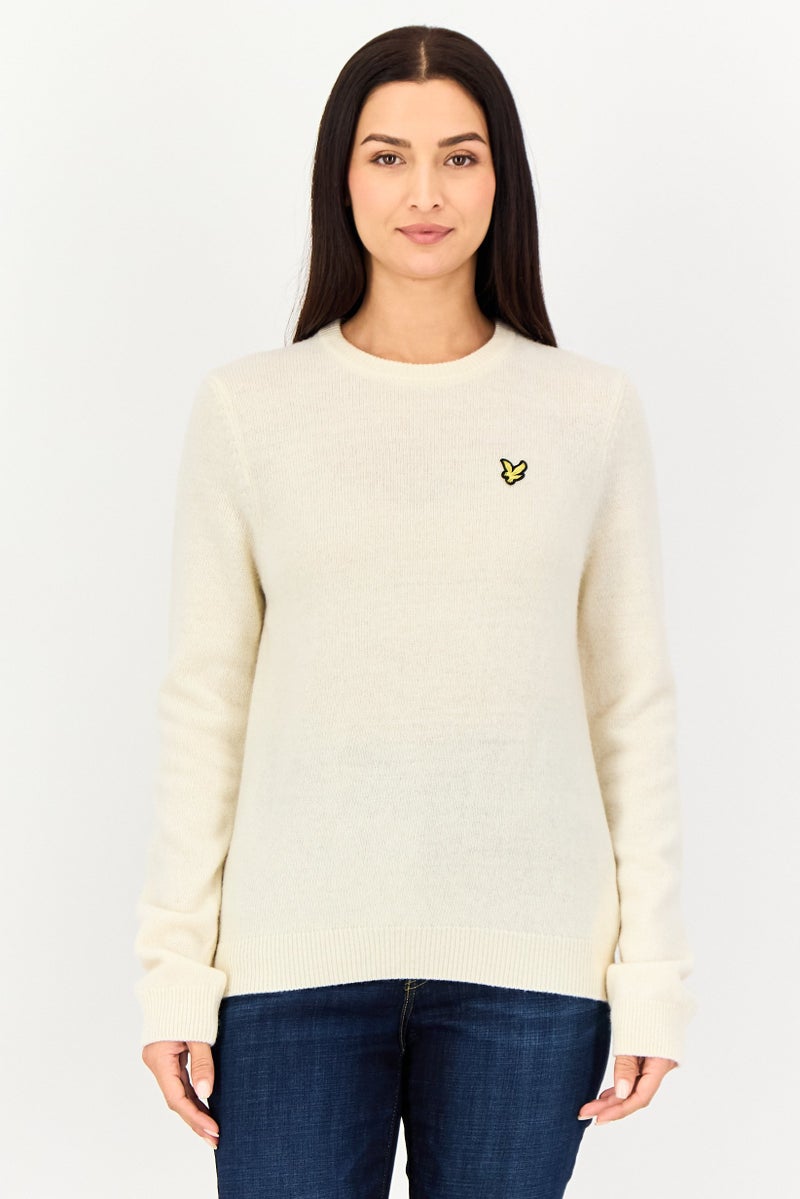 Lyle & Scott Women Crew Neck Embroidered Logo Knitted Sweater, Cream - Image 1
