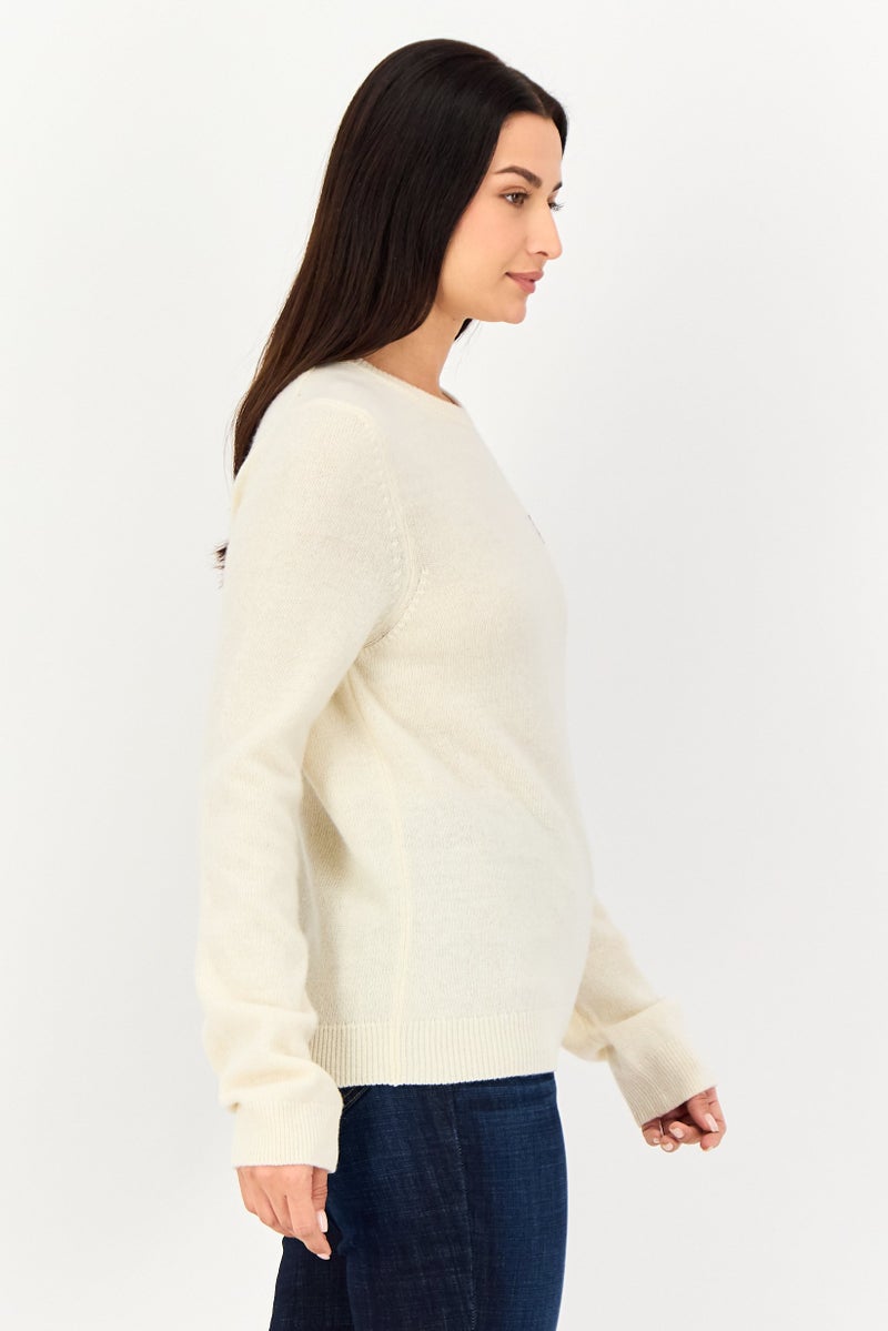Lyle & Scott Women Crew Neck Embroidered Logo Knitted Sweater, Cream - Image 4
