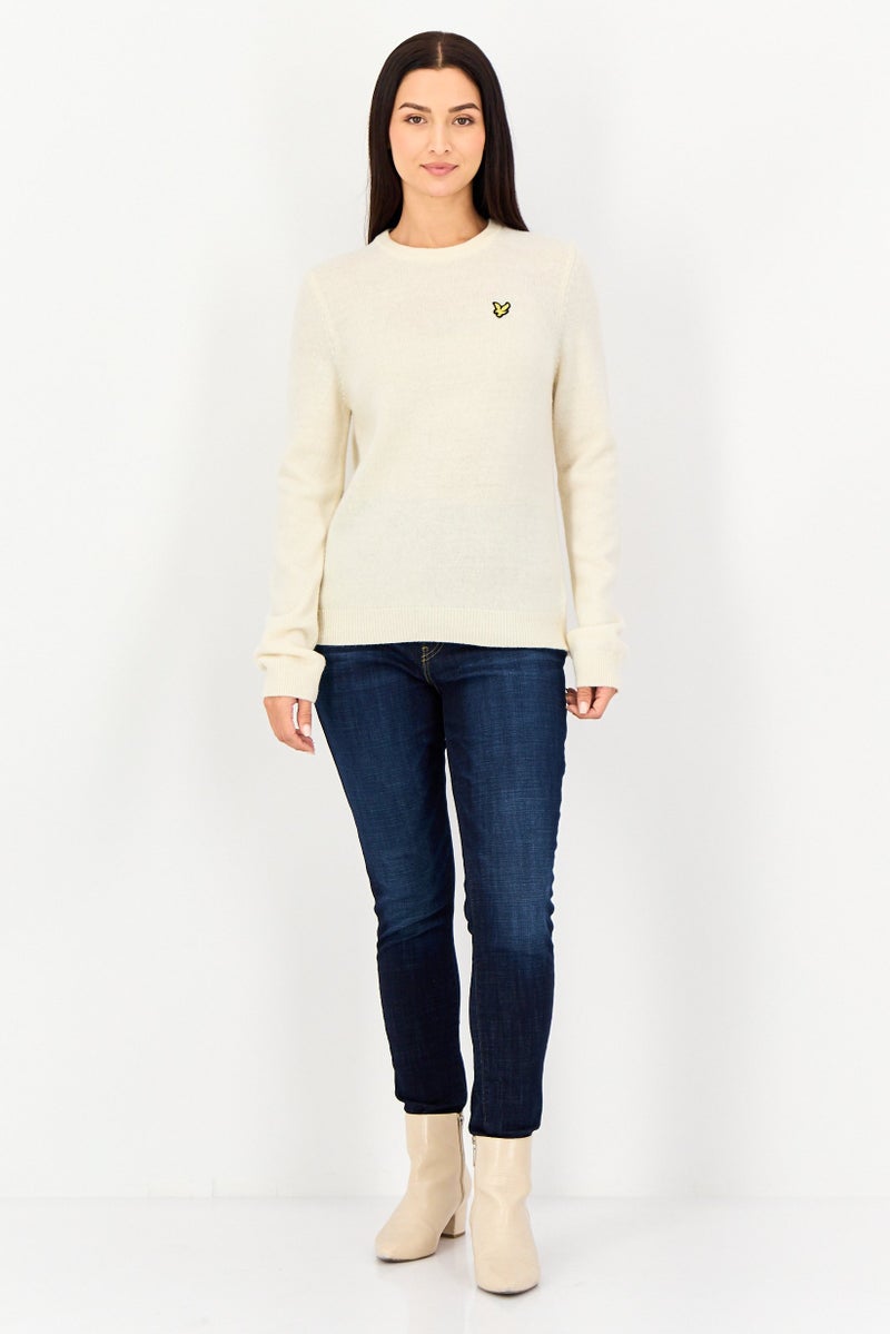 Lyle & Scott Women Crew Neck Embroidered Logo Knitted Sweater, Cream - Image 2