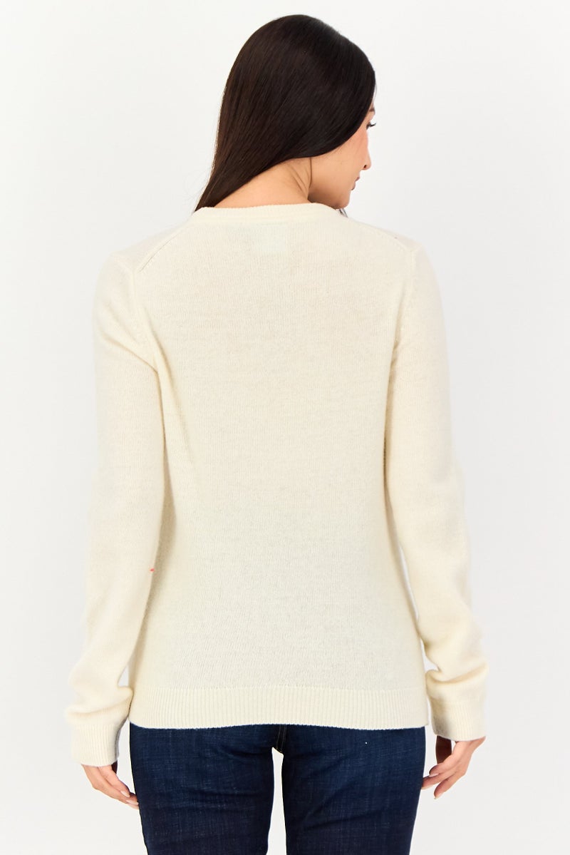 Lyle & Scott Women Crew Neck Embroidered Logo Knitted Sweater, Cream - Image 3