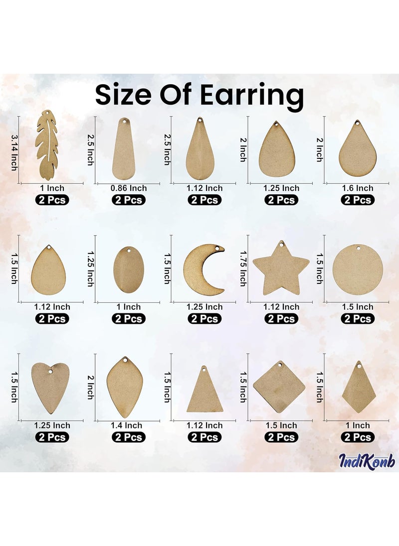 INDIKONB - INDIKONB Wood Blank Earrings Kit - Unfinished Blank Wooden Earrings for Women Jewelry Making and DIY Crafts - Pack of 30 - Image 1