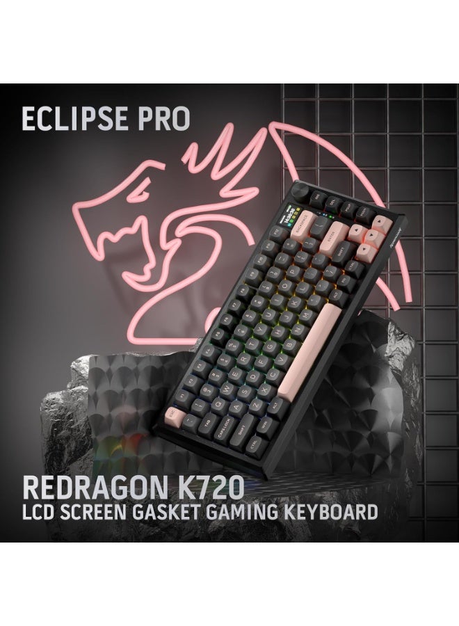 ريدراجون لوحة مفاتيح ألعاب لاسلكية K720GBP ECLIPSE PRO، مزودة بحشية CNC، مع شاشة Hype ومقبض، ولوحة مفاتيح ميكانيكية بـ 81 مفتاحًا، وشاشة معلومات TFT ذكية مقاس 1.14 بوصة، وخاصية تخفيف الضوضاء بخمس طبقات، ومفتاح خطي مخصص، بلون Dawn Sakura - Image 3