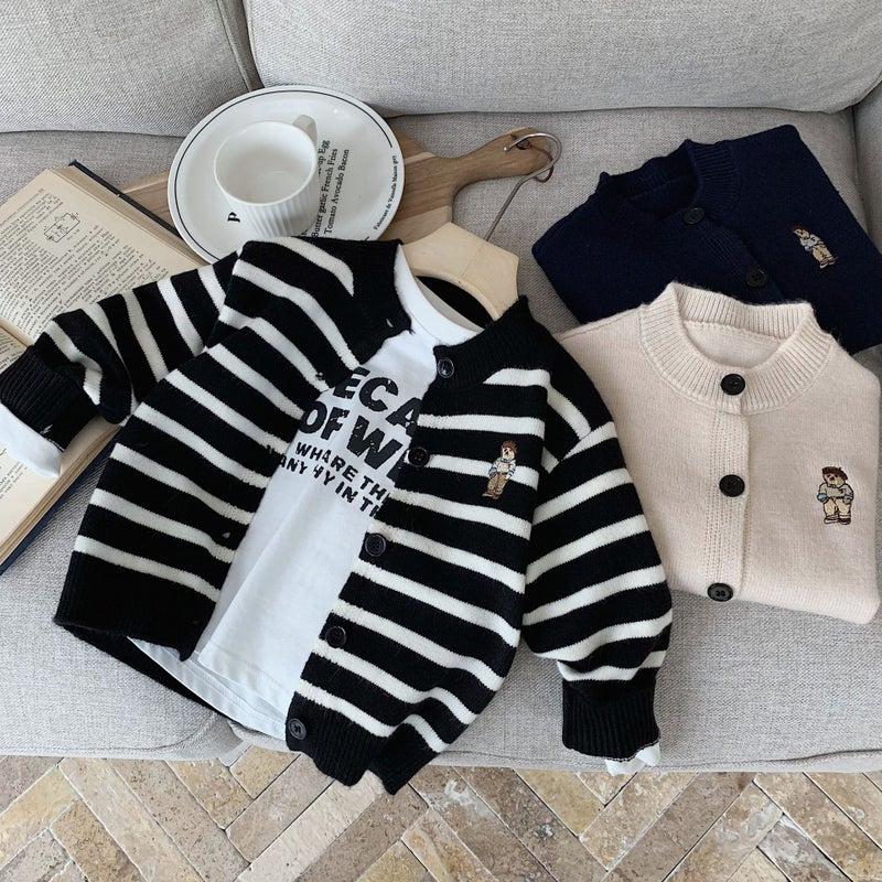 Children'S Sweater Cardigan 2025 Spring Soft Children'S Wear Striped Embroidered Sweater Clothes Boys And Girls Bear Coat - Image 2