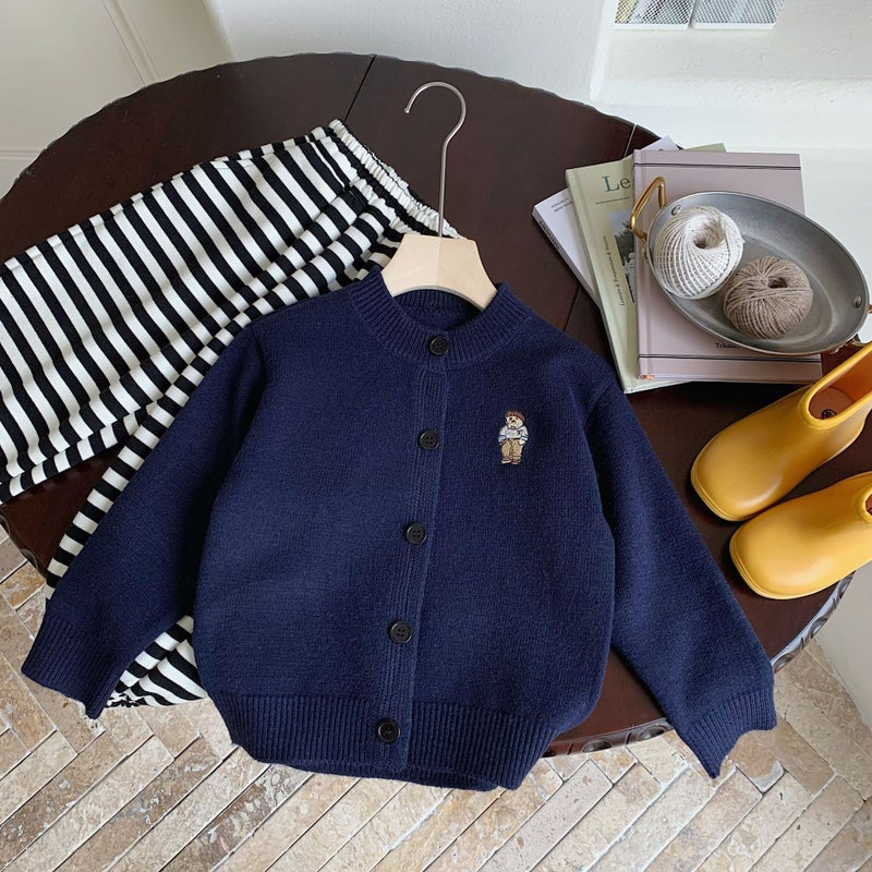 Children'S Sweater Cardigan 2025 Spring Soft Children'S Wear Striped Embroidered Sweater Clothes Boys And Girls Bear Coat - Image 4