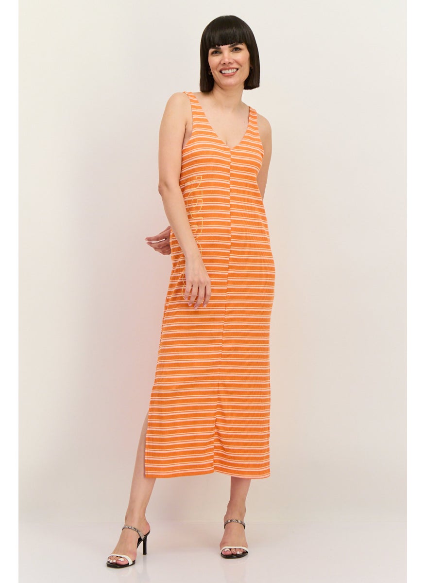 Lefties Women Stripe Maxi Dress, Orange  - Image 1