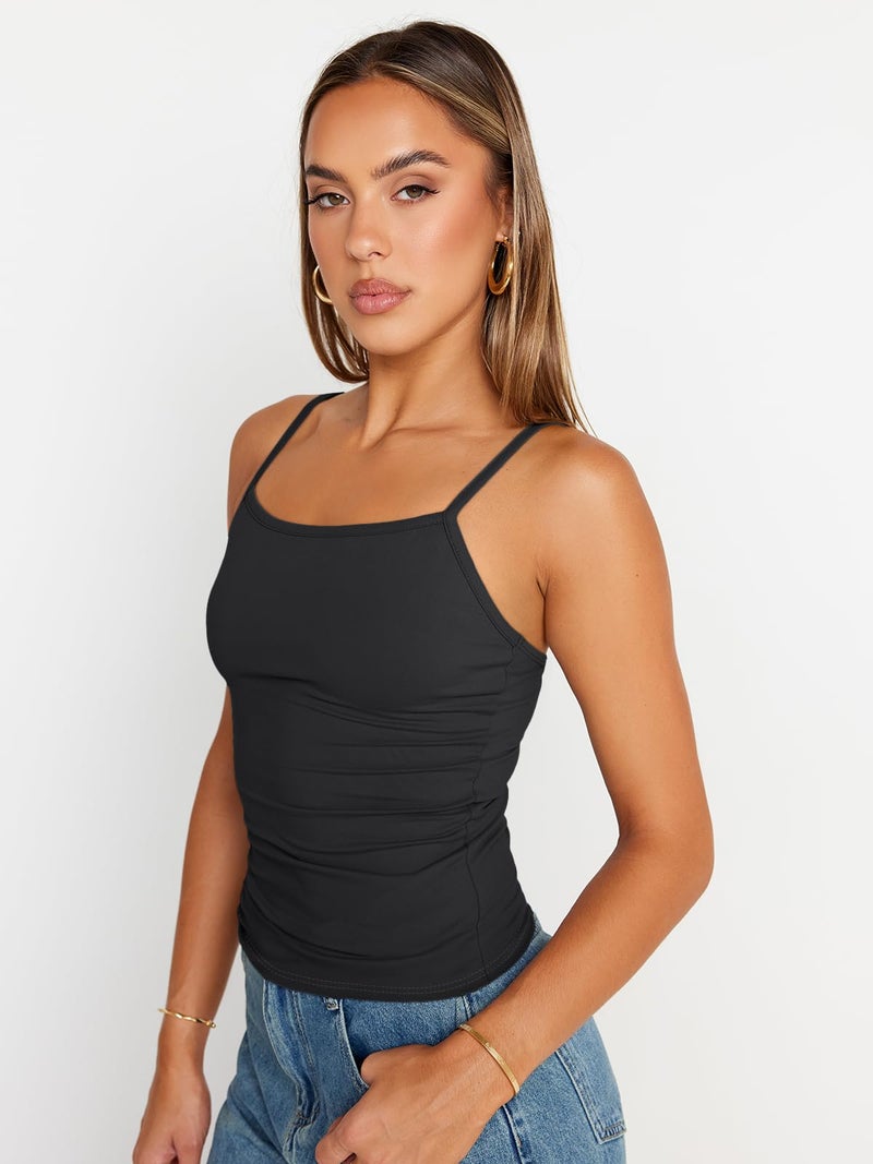 Trendy Queen Womens Tank Summer Tops 2025 Y2k Cute Square Neck Crop Going Out Sexy Teen Girls Sleeveless Fashion Shirts Clothes Outfits Basic Workout Gym Casual Spaghetti Camisole Black M - Image 4