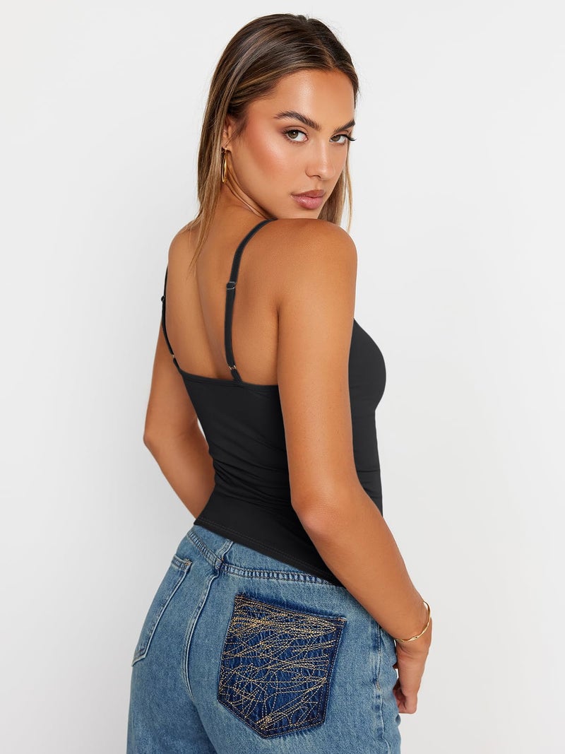 Trendy Queen Womens Tank Summer Tops 2025 Y2k Cute Square Neck Crop Going Out Sexy Teen Girls Sleeveless Fashion Shirts Clothes Outfits Basic Workout Gym Casual Spaghetti Camisole Black M - Image 5