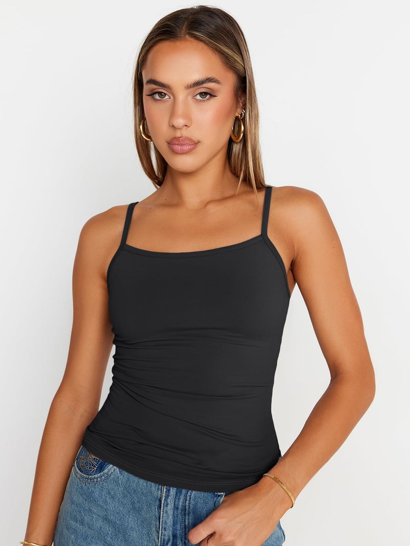 Trendy Queen Womens Tank Summer Tops 2025 Y2k Cute Square Neck Crop Going Out Sexy Teen Girls Sleeveless Fashion Shirts Clothes Outfits Basic Workout Gym Casual Spaghetti Camisole Black M - Image 2