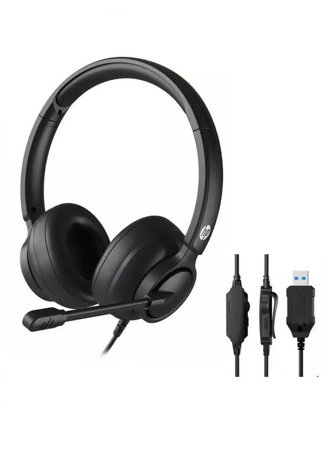 HP DHE-8009A Headphone USB Wired - stereo sound for Call center Chatting With Rotatable Unidirectional Mic. - Light Weight Design - In Line Control - 40mm drive For PC | Black - Image 1