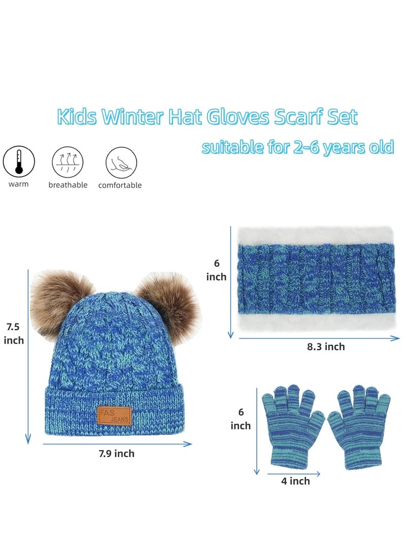 أوزيغالور طقم شتوي للطفل الصغير مكون من 3 قطع (قبعة وقفازات ووشاح) للأطفال من 2-6 سنوات، محبوك مع قبعة صغيرة على شكل بوم بوم - Image 2