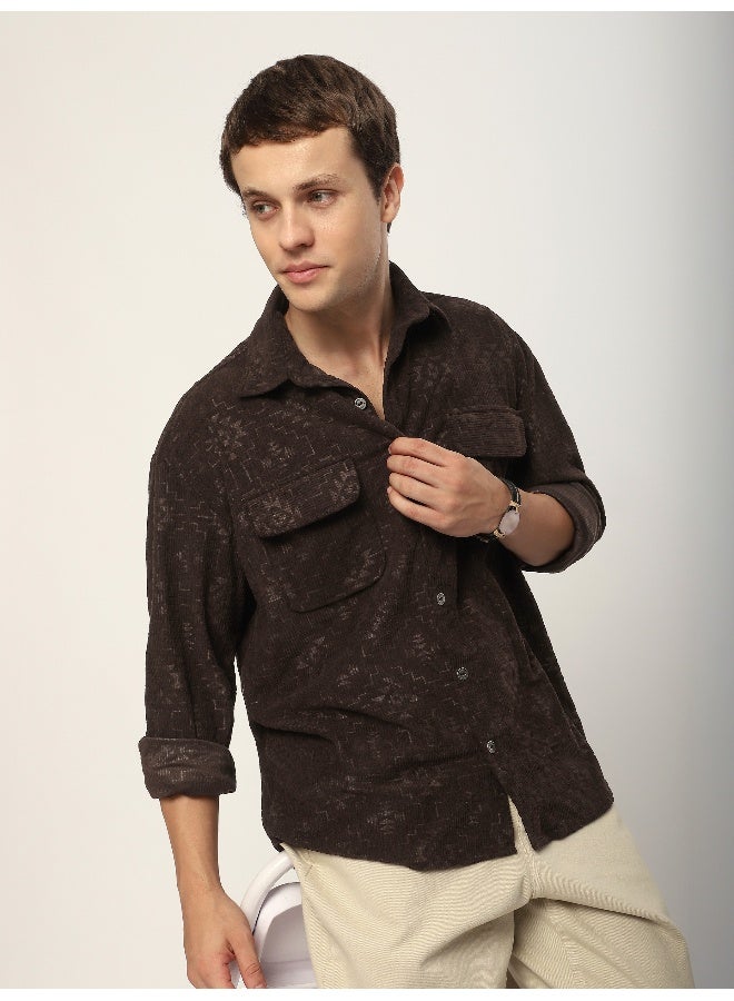 Beyoung Dark Brown Abstract Structured Corduroy Shirt  - Image 5