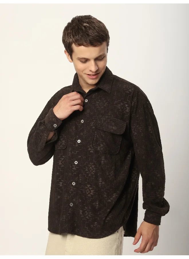 Beyoung Dark Brown Abstract Structured Corduroy Shirt