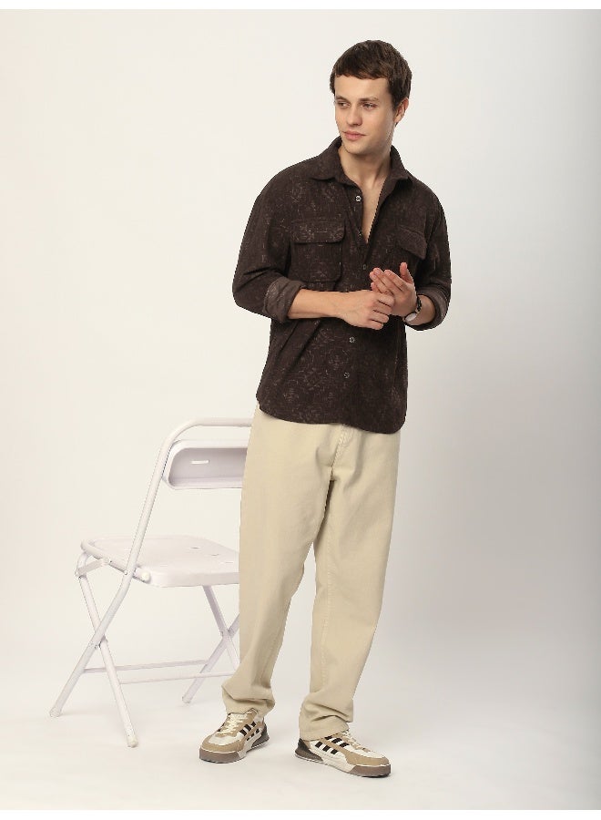 Beyoung Dark Brown Abstract Structured Corduroy Shirt  - Image 4