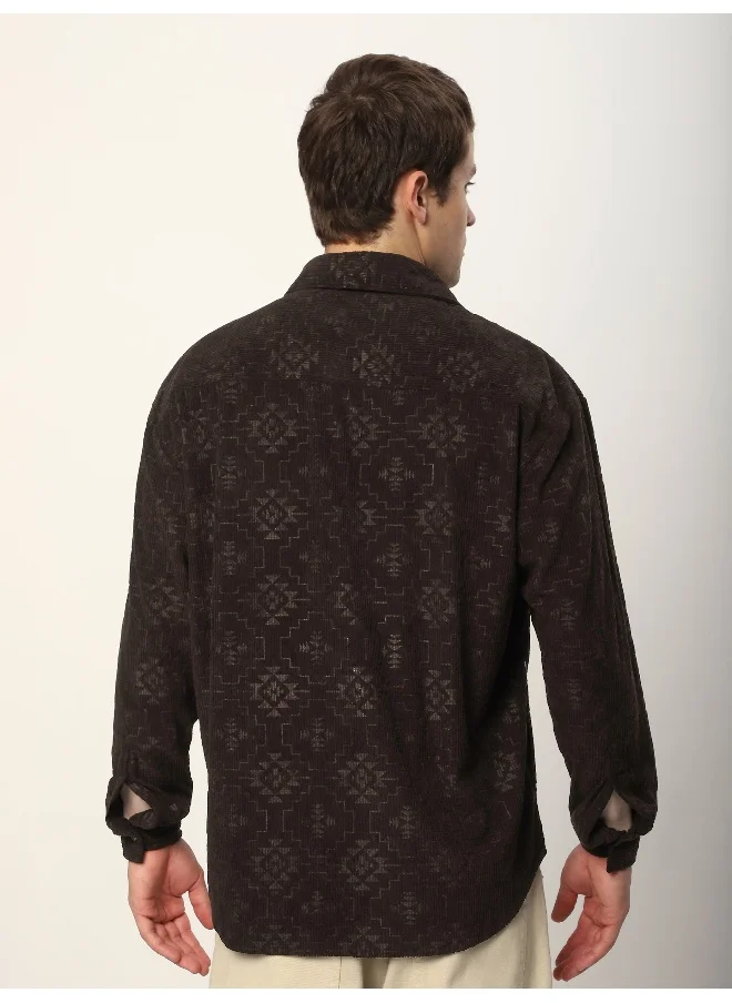 Beyoung Dark Brown Abstract Structured Corduroy Shirt