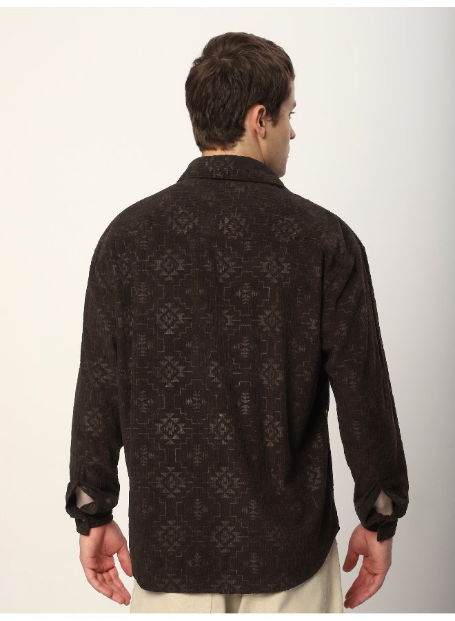 Beyoung Dark Brown Abstract Structured Corduroy Shirt  - Image 2