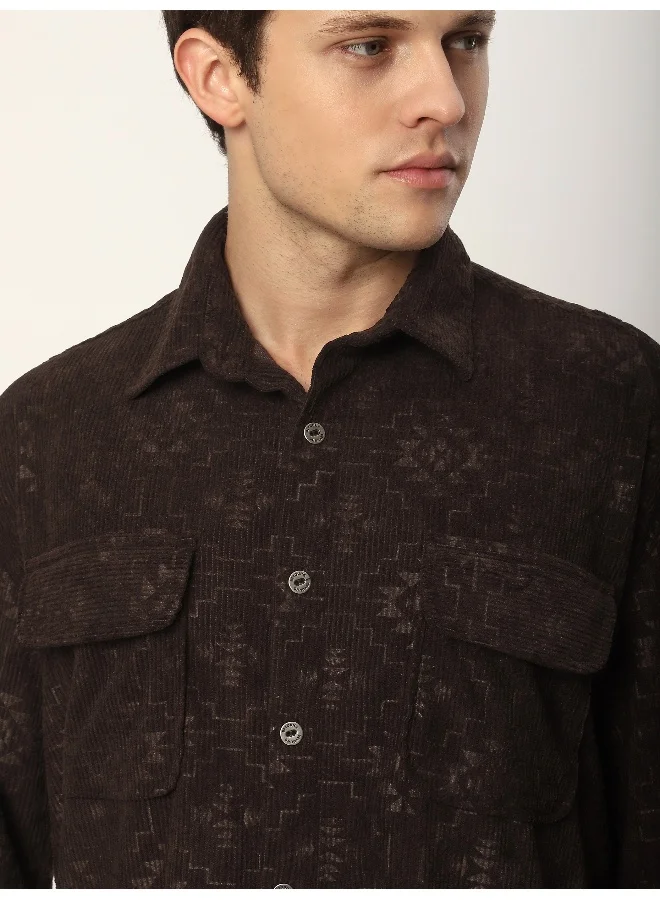 Beyoung Dark Brown Abstract Structured Corduroy Shirt