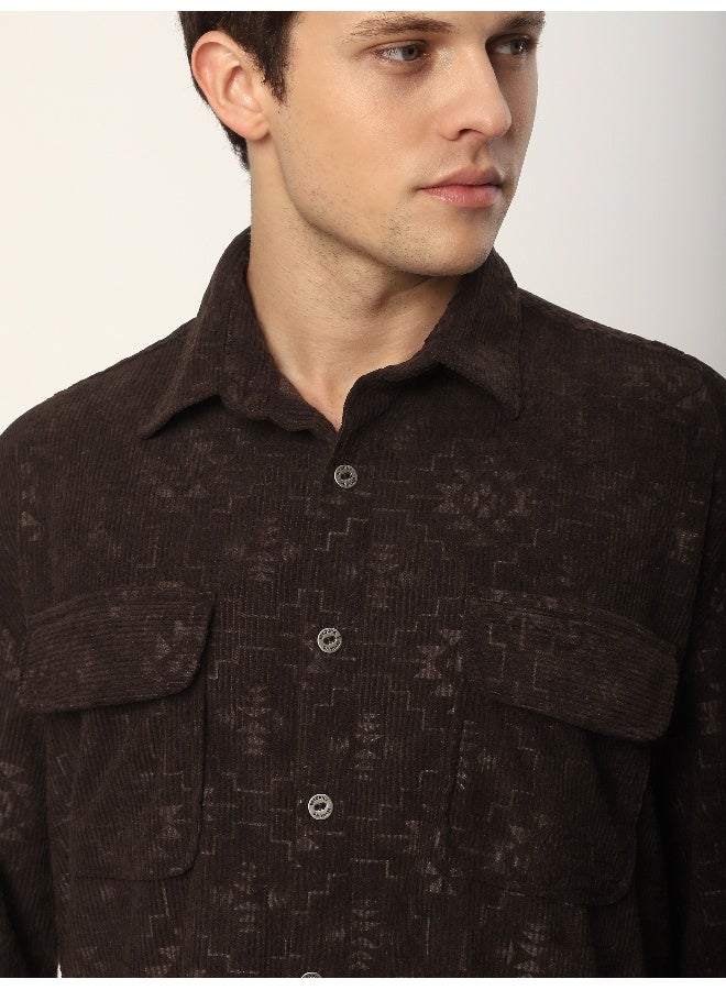 Beyoung Dark Brown Abstract Structured Corduroy Shirt  - Image 3
