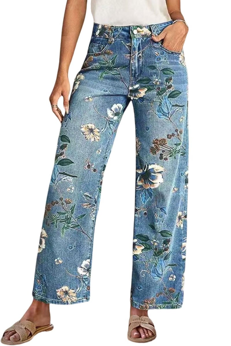 yoeasy Women's Straight Leg Jeans High Rise Vintage Floral Printed Wide Leg Trendy Stretchy Baggy Casual Denim Pants (Medium, Light Blue) - Image 1
