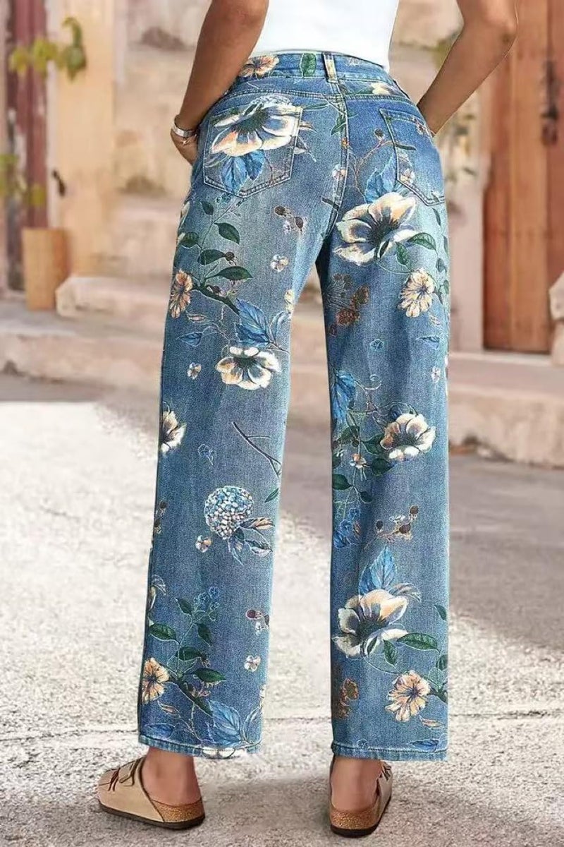 yoeasy Women's Straight Leg Jeans High Rise Vintage Floral Printed Wide Leg Trendy Stretchy Baggy Casual Denim Pants (Medium, Light Blue) - Image 4